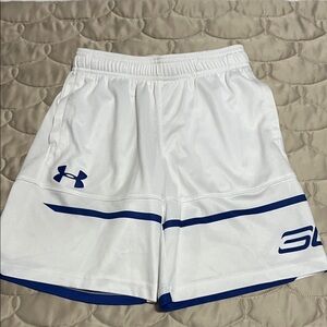Under Armour Youth basketball shorts White Shorts with Blue Trim. Worn once
